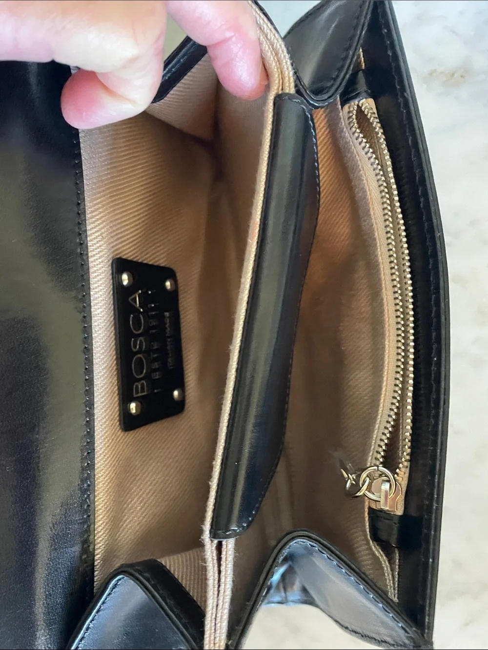 BOSCA Black Leather Italian Clutch with Silver Tone Logo Vintage